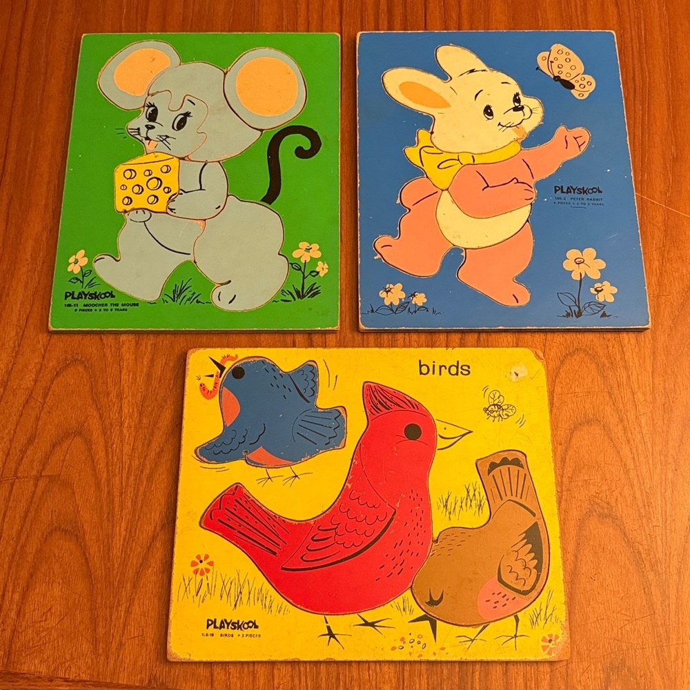 Vintage Playskool Wood Wooden First Puzzle Preschool Large Piece Set of 3